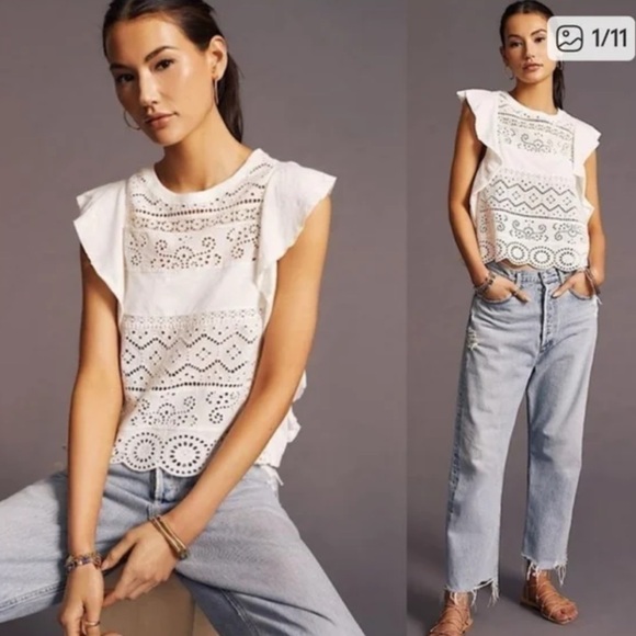 Anthropologie Tops - Anthropologie White Sustainable Lace Eyelet Blouse Large